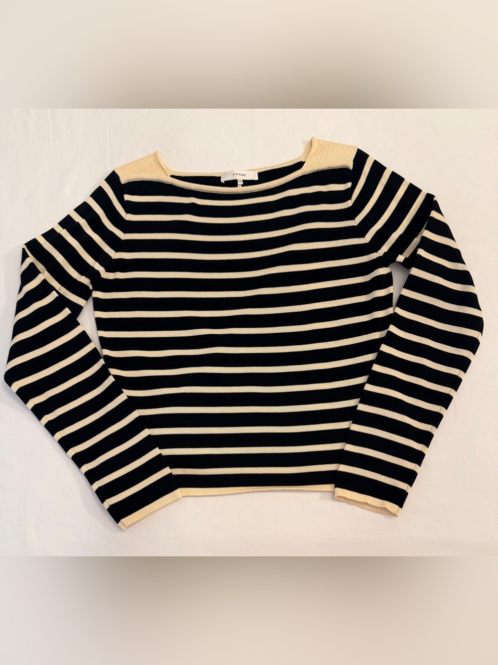 Frame Denim Black and Cream Striped Knit Top Size Large